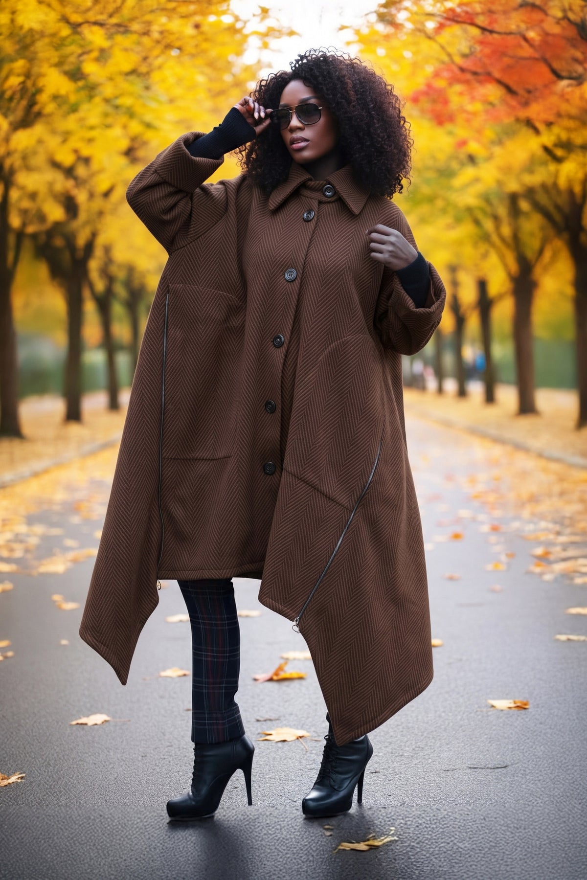 Brown wide cape maxi coat Federica with zip details - EUG Fashion #brown
