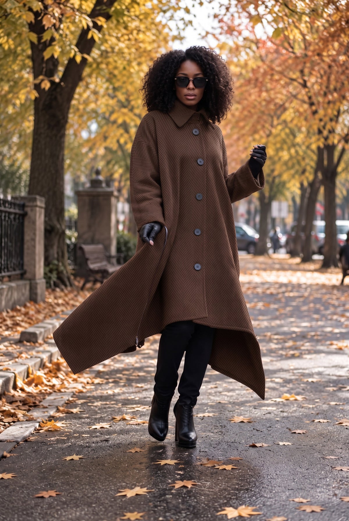 Brown wide cape maxi coat Federica with zip details - EUG Fashion #brown
