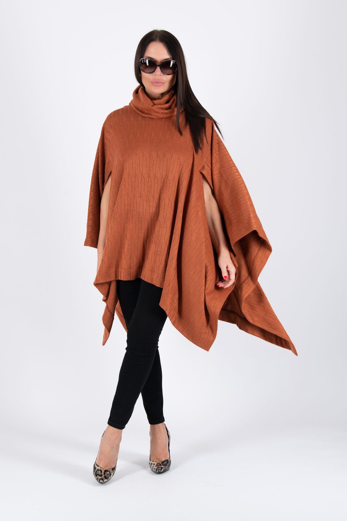 Brown warm patterned knit poncho with turtleneck and arm openings - elegant over dresses, Eva | EUG Fashion #brown
