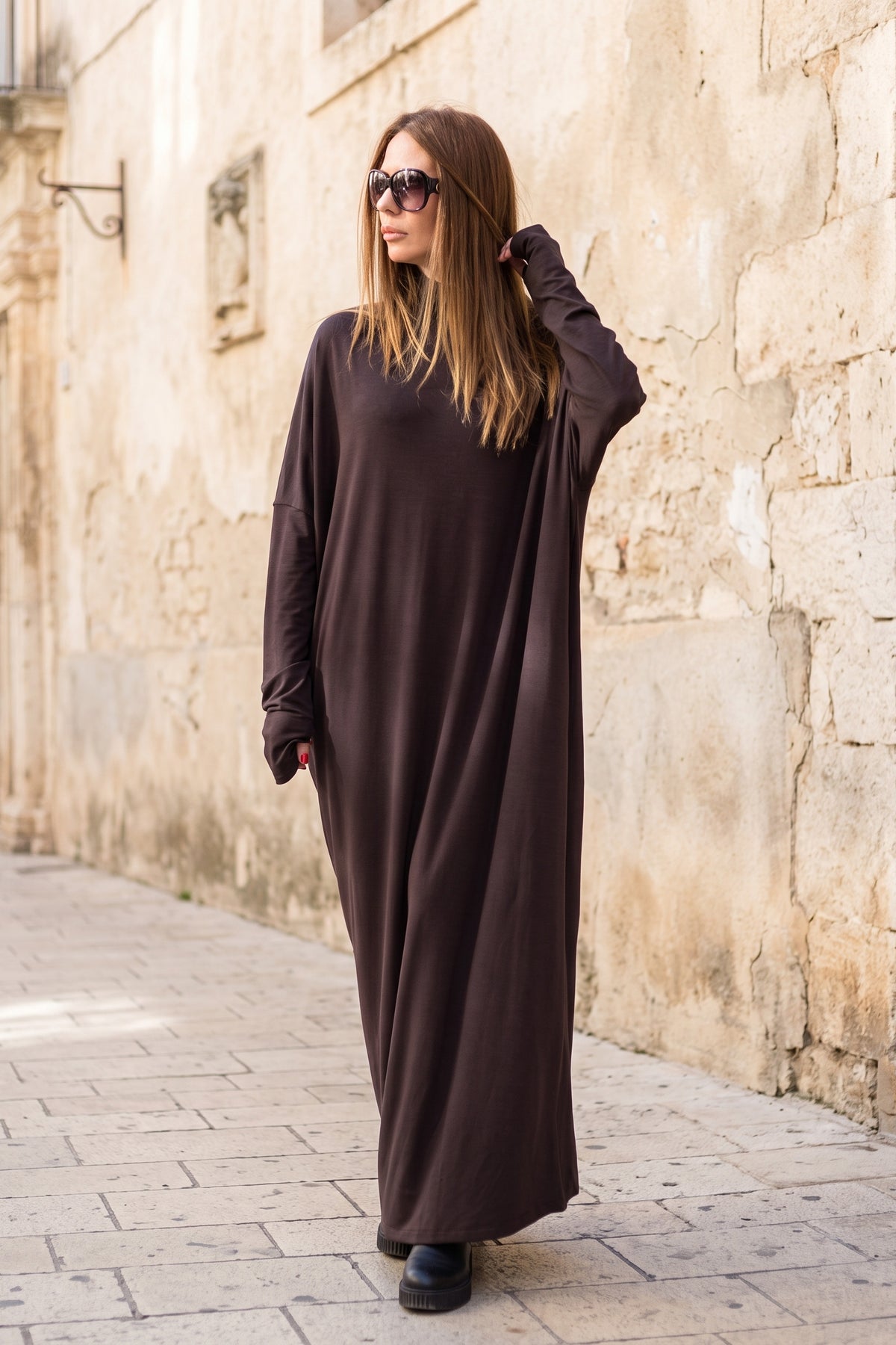 Dark brown asymmetric polo neck dress Valensia in viscose jersey - EUG Fashion #dark-brown
