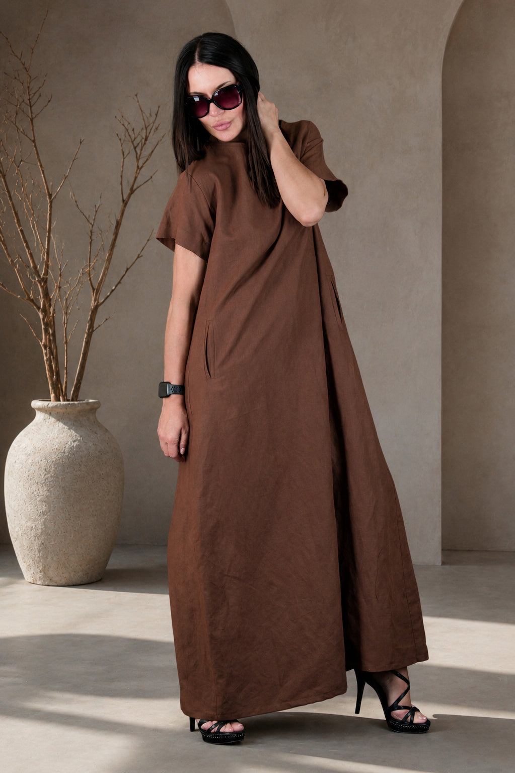 linen a line dress - EUG fashion #brown