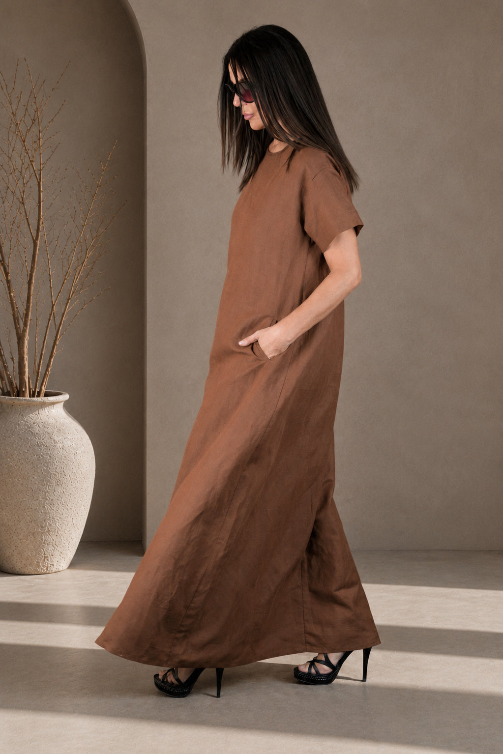 linen a line dress - EUG fashion #brown
