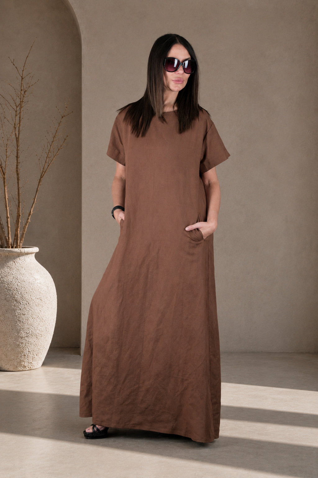 linen a line dress - EUG fashion #brown