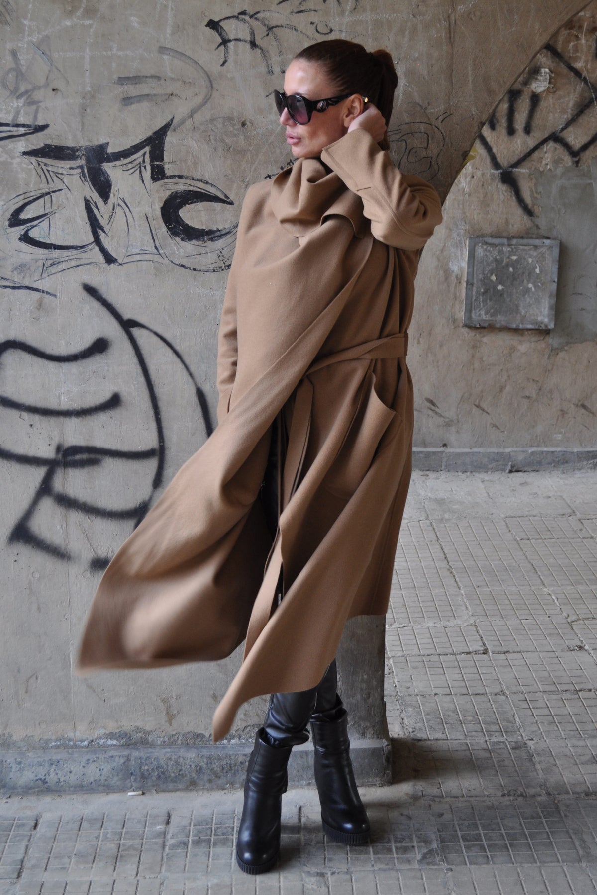 Light brown wool cashmere wrap coat Victoria with belt - EUG Fashion #light-brown
