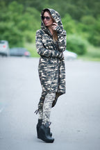 Military green camouflage hooded cotton vest with front zipper and asymmetric design - drawstring balloon hem, thumb-hole sleeves, Lily | EUG Fashion #military-green
