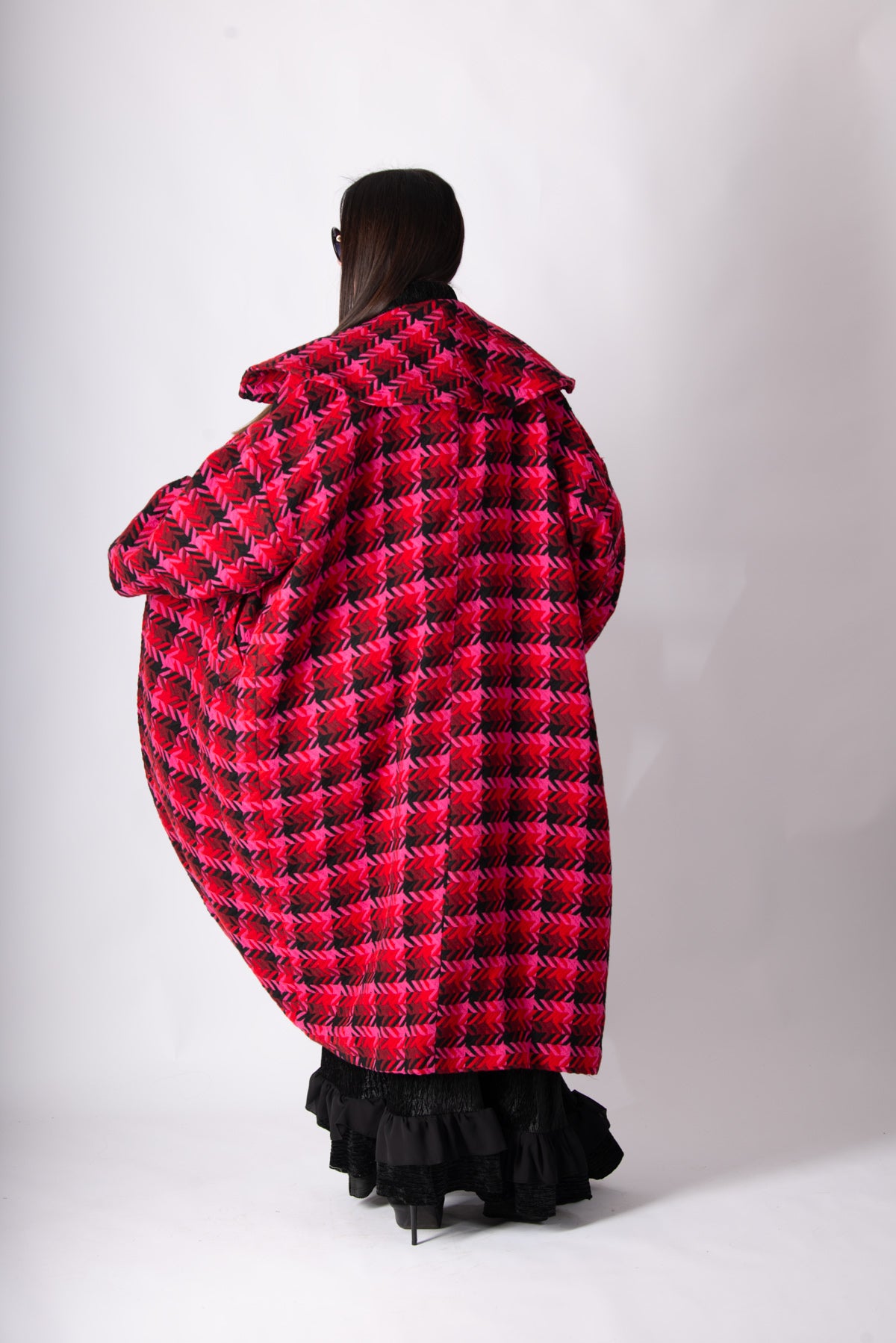 Hot pink houndstooth cape coat Siri with shawl collar - EUG Fashion #hot-pink
