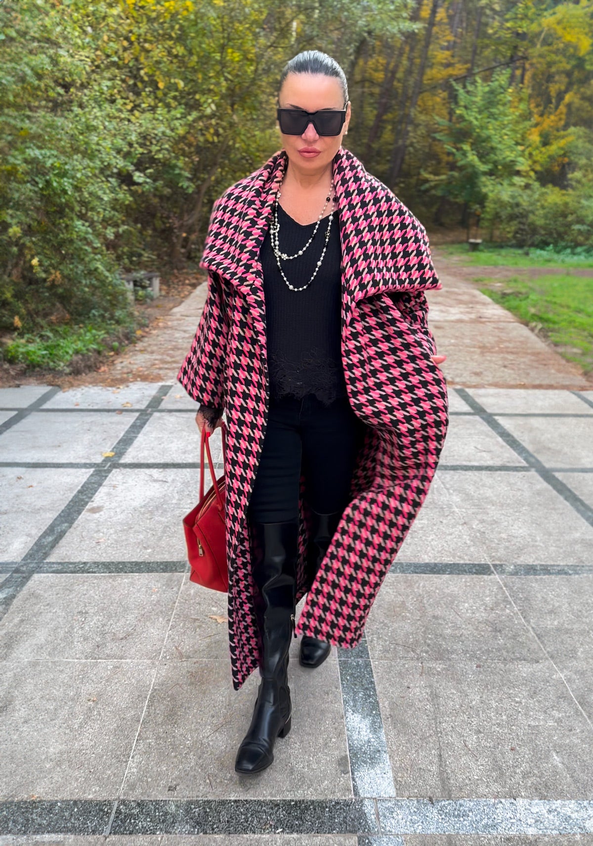 Pink Houndstooth Coat OFELIA EugFashion 