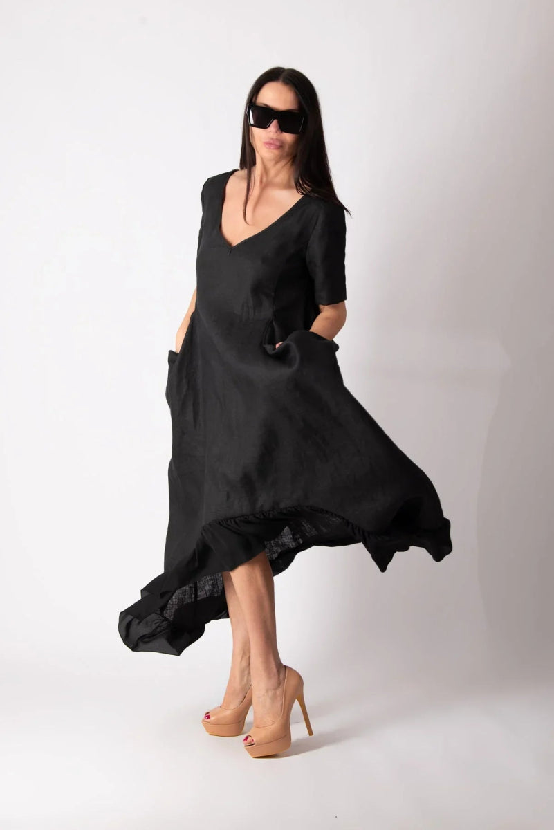 CASABLANCA BLACK WIDE LINEN DRESS - EUG FASHION EugFashion 