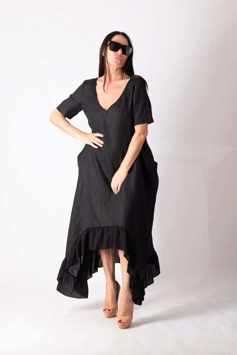 CASABLANCA BLACK WIDE LINEN DRESS - EUG FASHION EugFashion 