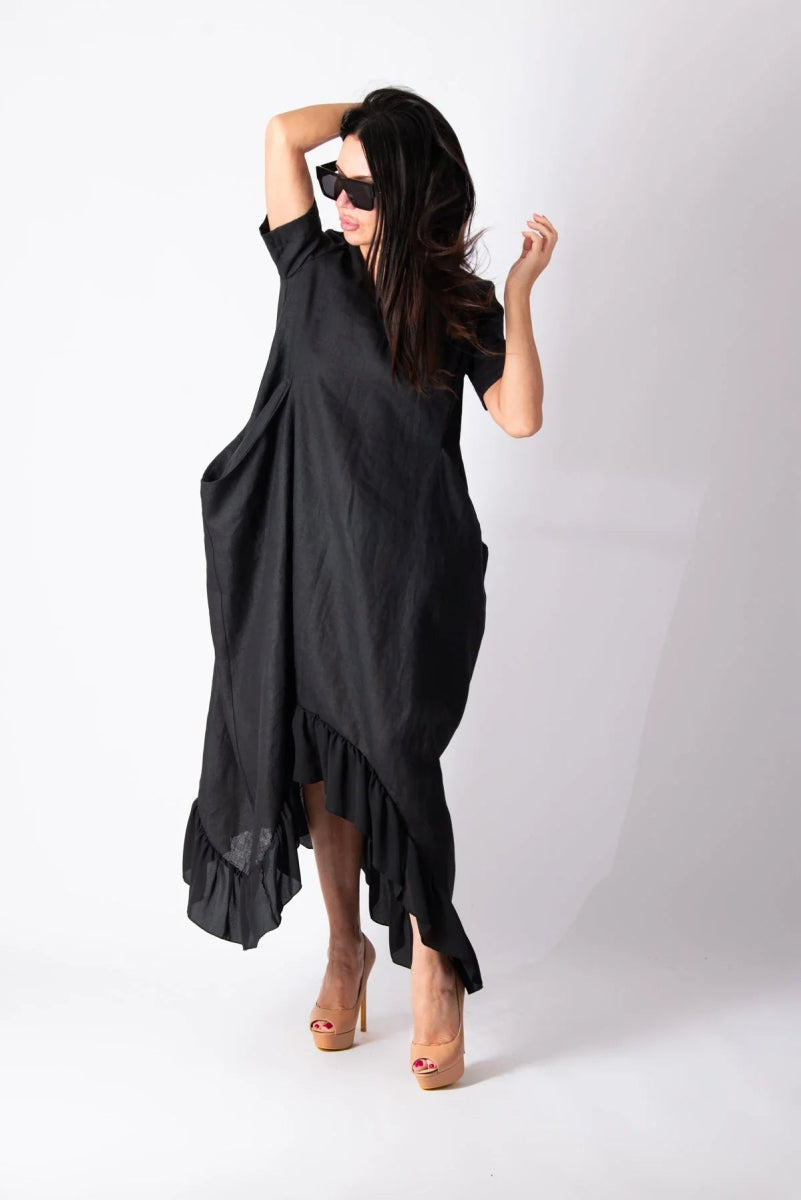 CASABLANCA BLACK WIDE LINEN DRESS - EUG FASHION EugFashion 