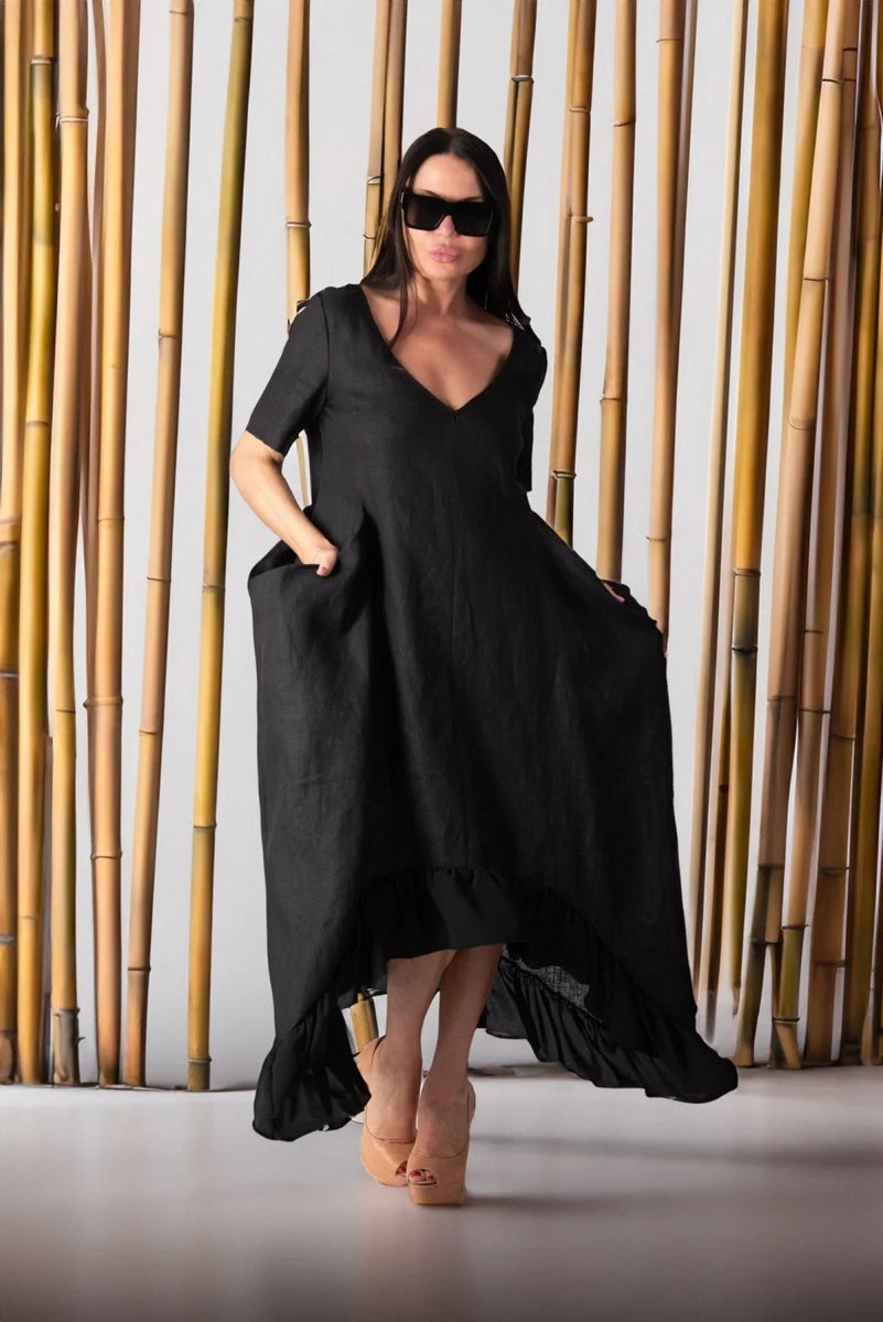 CASABLANCA BLACK WIDE LINEN DRESS - EUG FASHION EugFashion 