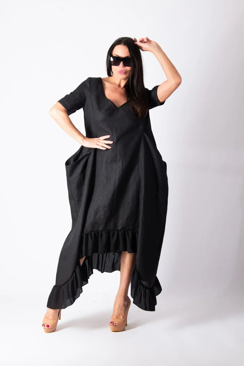 CASABLANCA BLACK WIDE LINEN DRESS - EUG FASHION EugFashion 