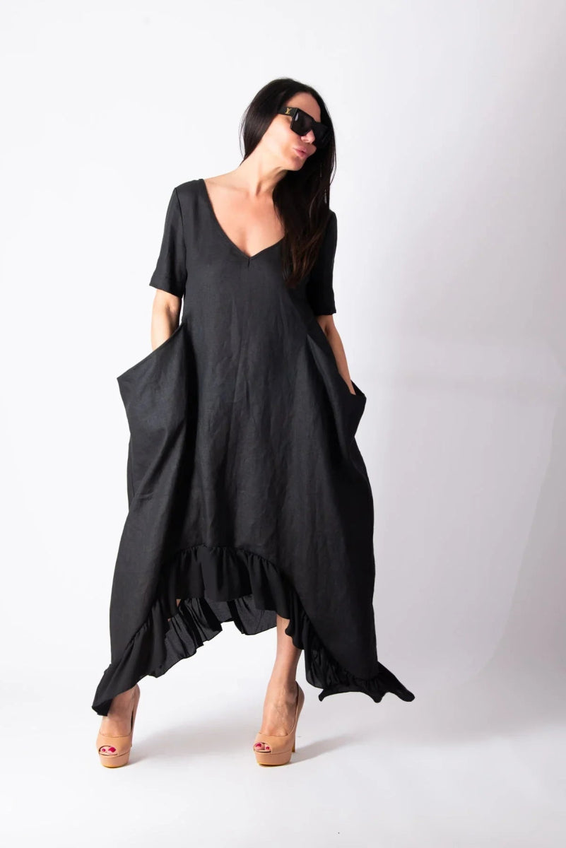 CASABLANCA BLACK WIDE LINEN DRESS - EUG FASHION EugFashion 