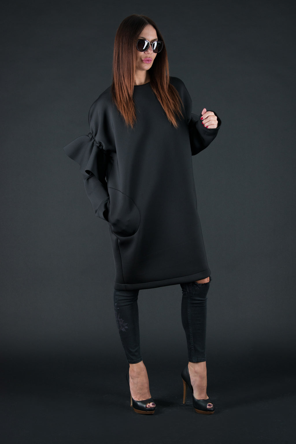 Black neoprene knee-length dress Ester - EUG Fashion #black
