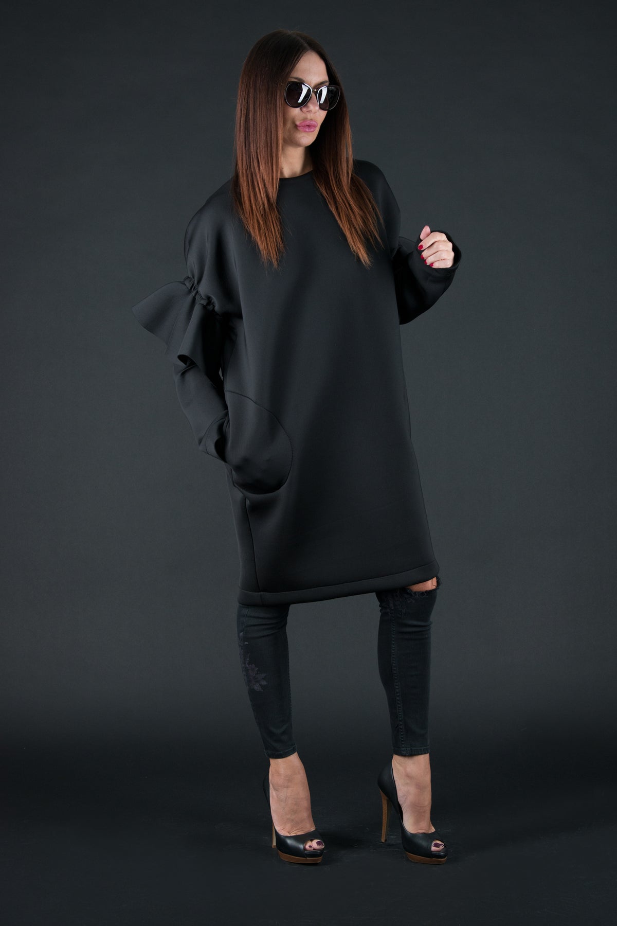 Black neoprene knee-length dress Ester - EUG Fashion #black
