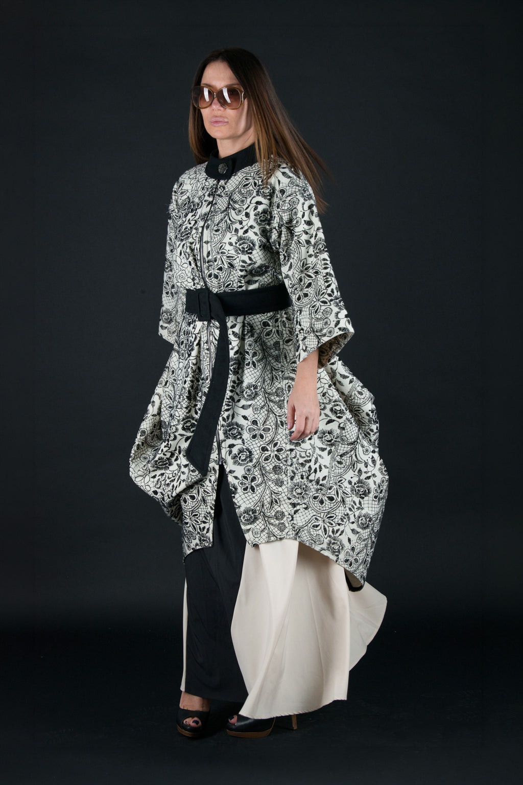 Off-white embroidered wool cape coat Cindy with black embroidery and belt - EUG Fashion #off-white
