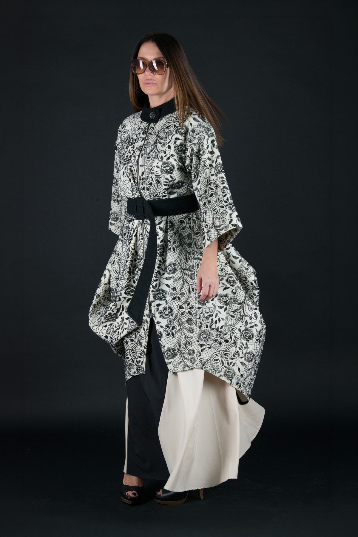 Off-white embroidered wool cape coat Cindy with black embroidery and belt - EUG Fashion #off-white
