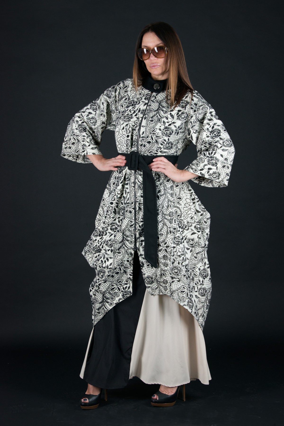 Off-white embroidered wool cape coat Cindy with black embroidery and belt - EUG Fashion #off-white
