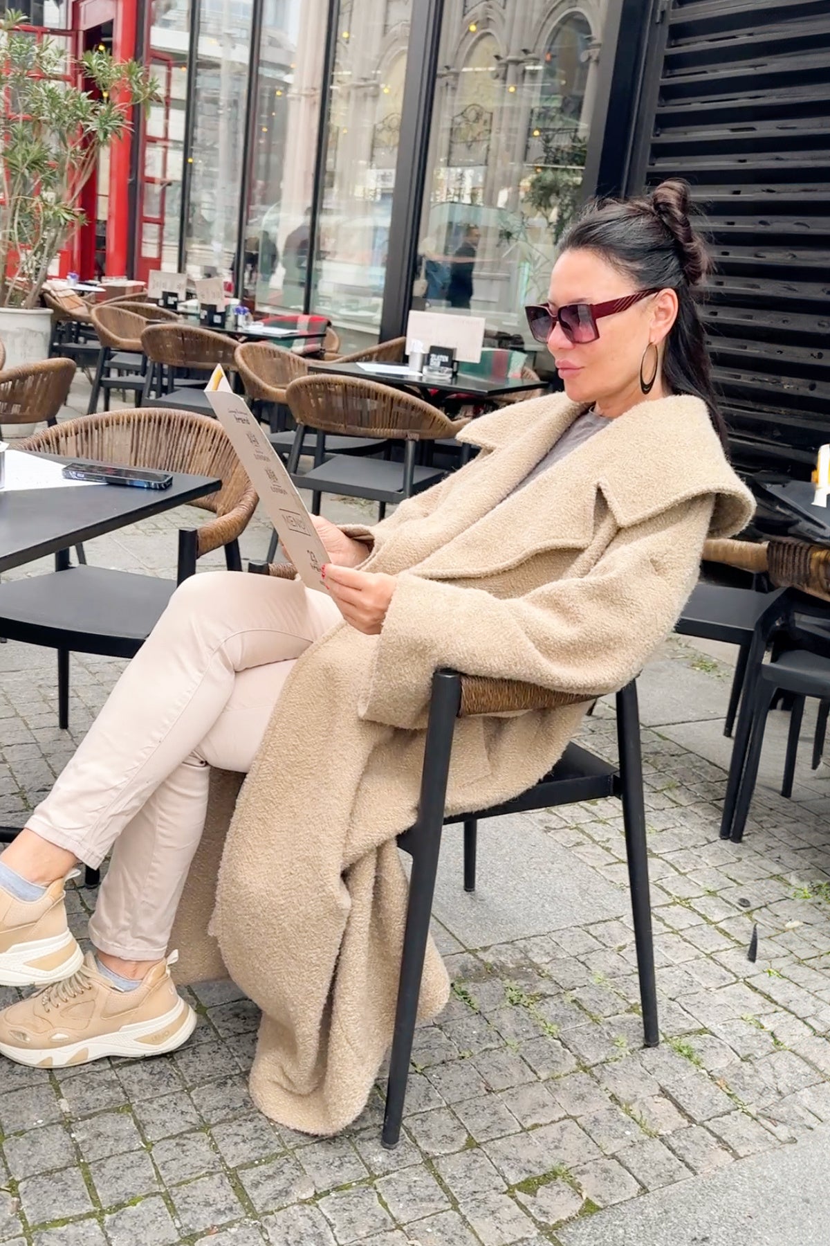 Beige bouclé cape coat Siri with wide shawl collar - EUG Fashion #beige