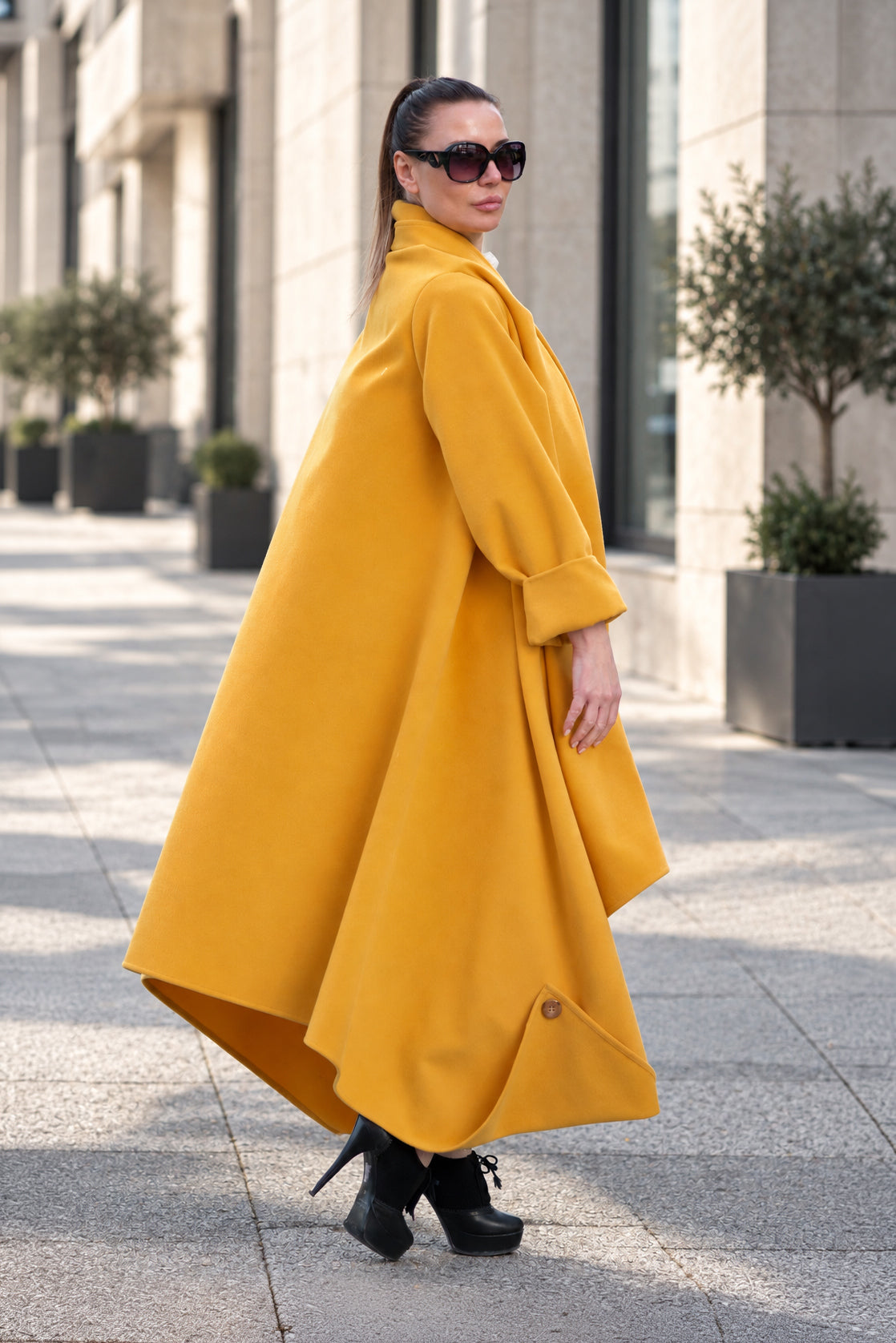Mustard wide cape coat Renata with shawl collar - EUG Fashion #mustard
