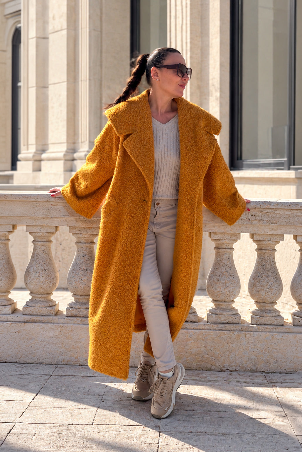 Mustard bouclé cape coat Siri with large shawl collar - EUG Fashion #mustard
