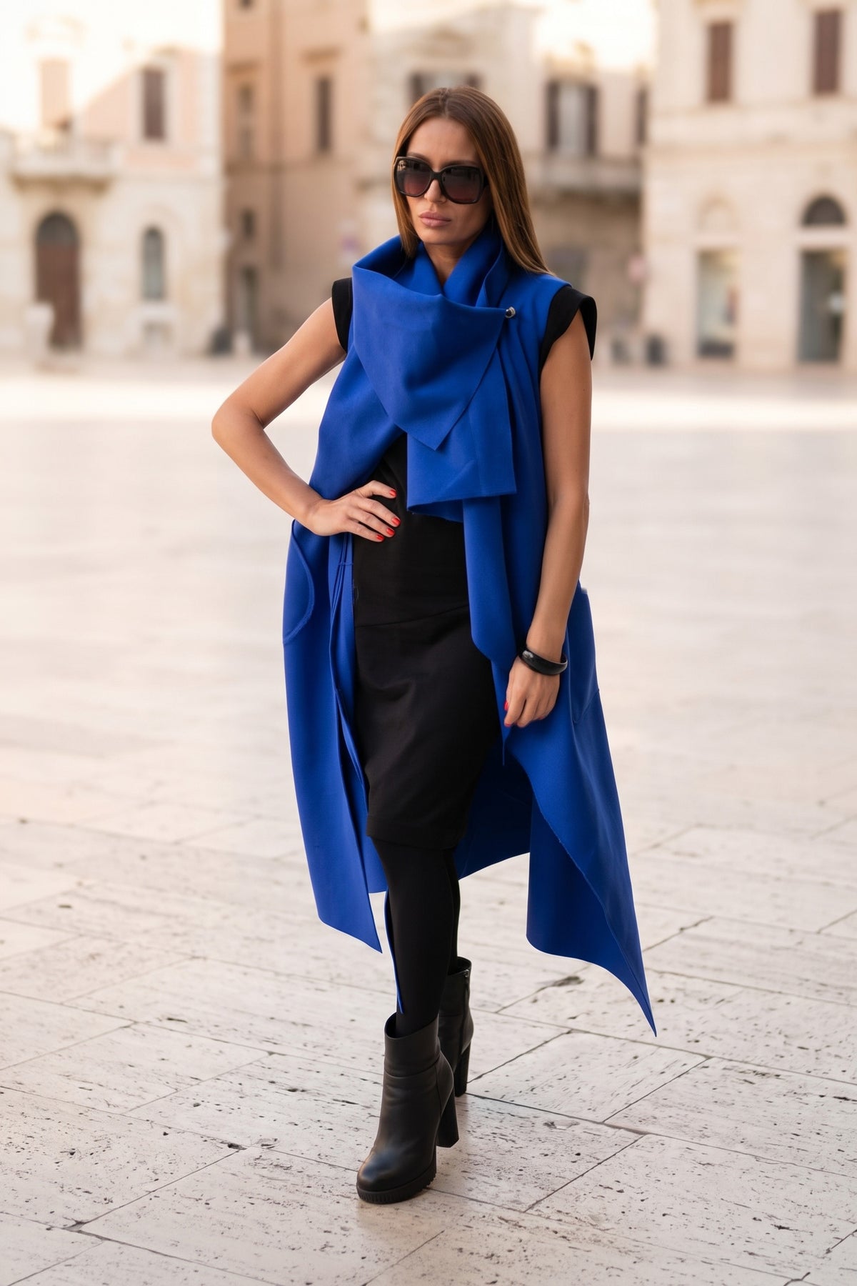 Royal blue cashmere-feel extravagant vest with asymmetric tie details and shawl collar, Victoria | EUG Fashion #royal-blue
