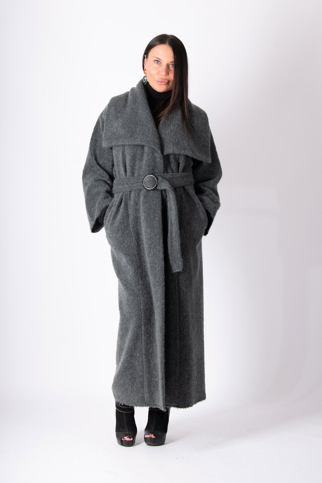 Dark grey wool blend cape coat Ofelia with belt - EUG Fashion #dark-grey