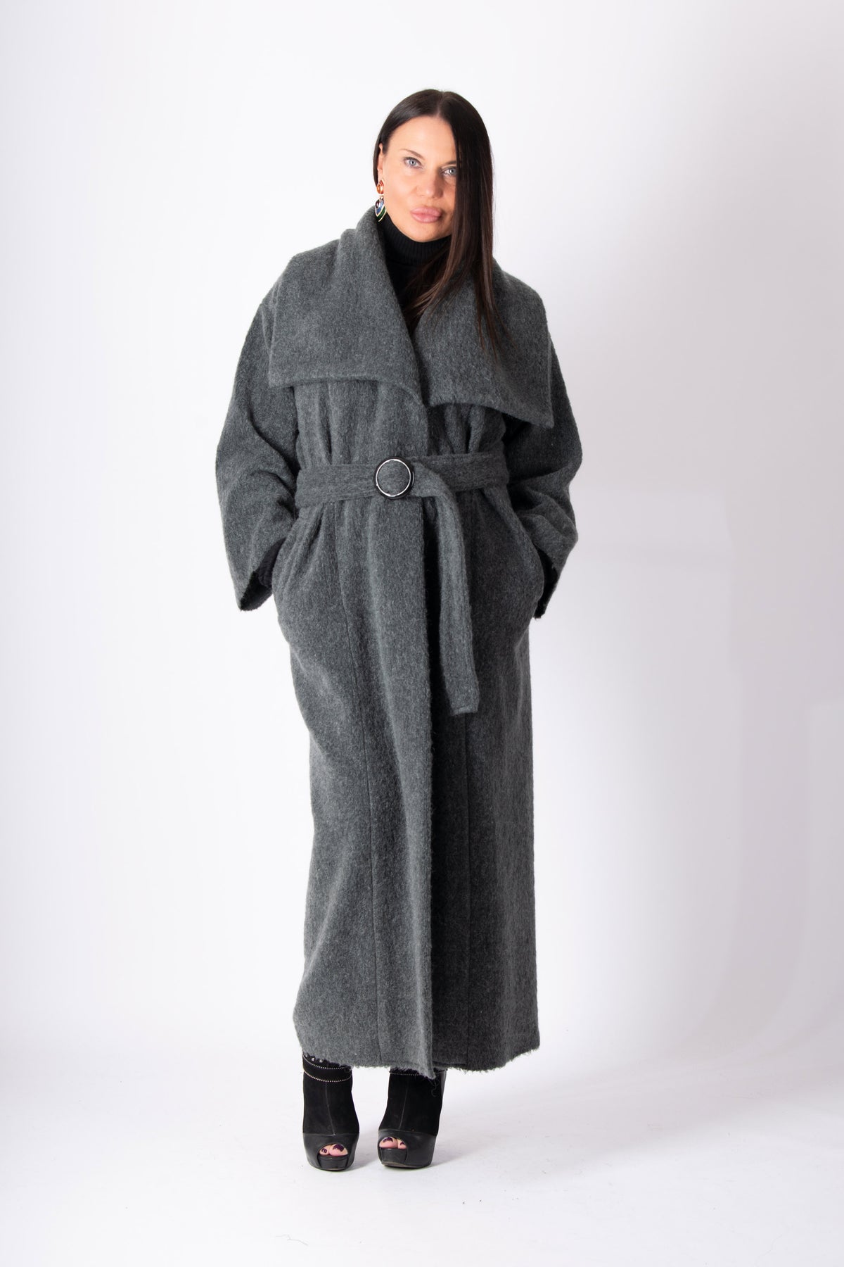 Dark grey wool blend cape coat Ofelia with belt - EUG Fashion #dark-grey