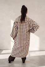 Brown houndstooth wool coat with shawl collar and waist belt - long silhouette, no lining, Ofelia | EUG Fashion #brown