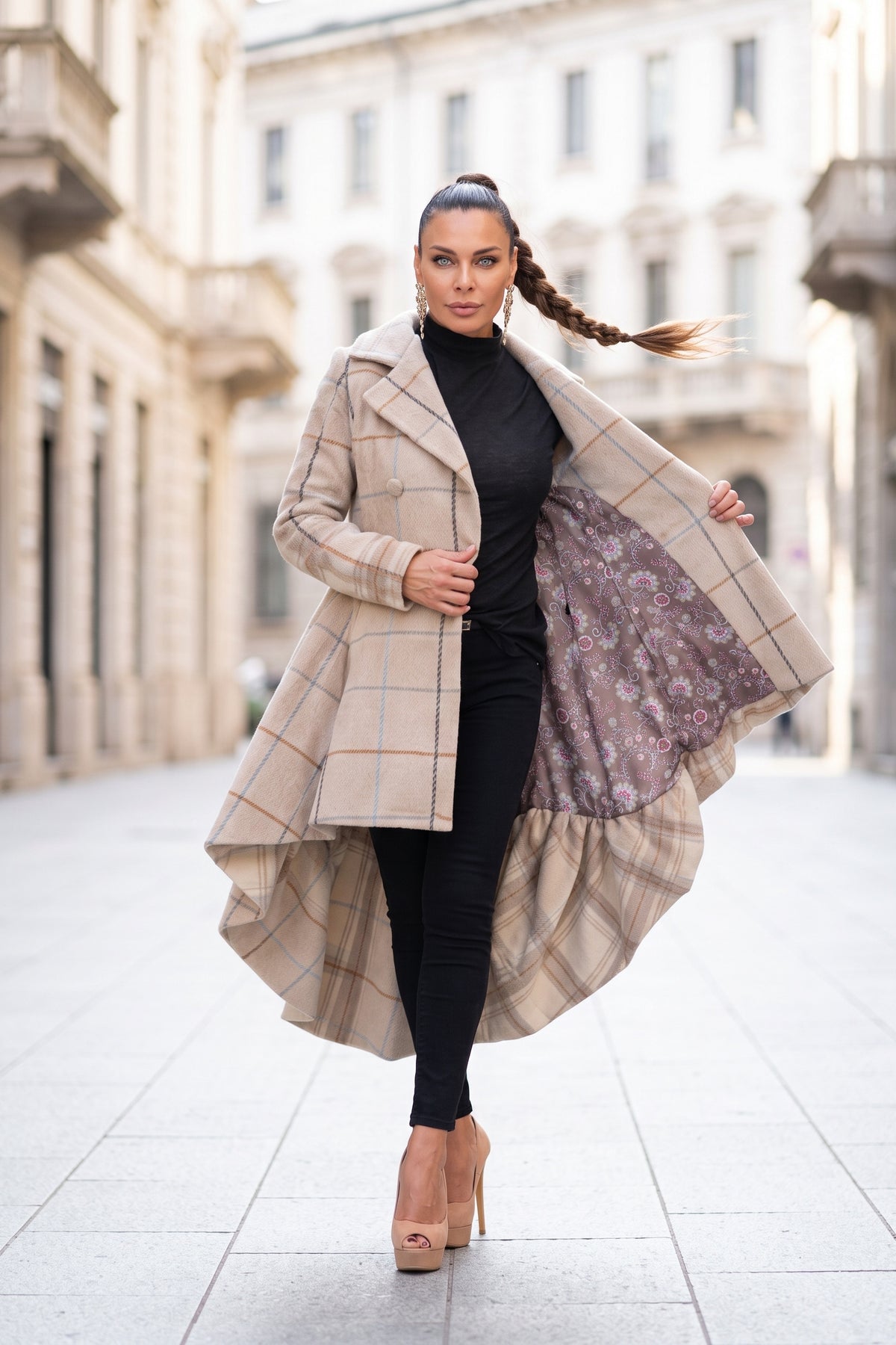 Beige plaid asymmetric coat Albena double-breasted with covered buttons - EUG Fashion #beige

