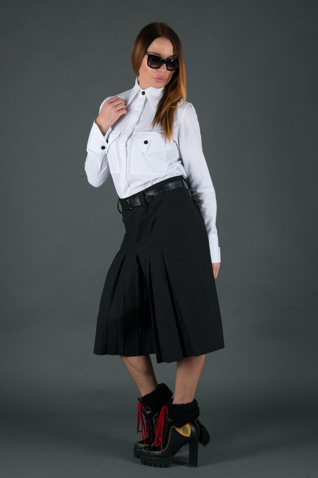 Black wide-leg pants - below-knee length, deep front pleats, dense cotton, Colo | EUG Fashion #black⠋