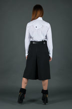 Black wide-leg pants - below-knee length, deep front pleats, dense cotton, Colo | EUG Fashion #black⠋