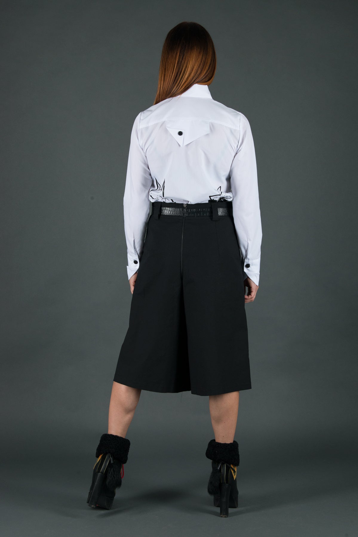 Black wide-leg pants - below-knee length, deep front pleats, dense cotton, Colo | EUG Fashion #black⠋