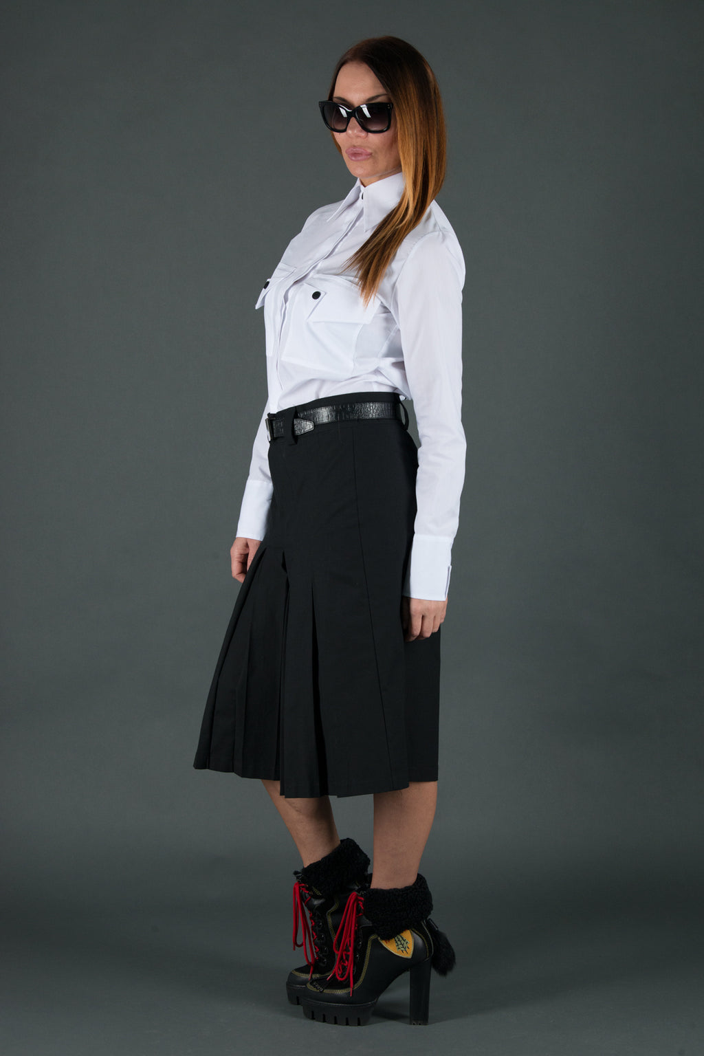 Black wide-leg pants - below-knee length, deep front pleats, dense cotton, Colo | EUG Fashion #black⠋