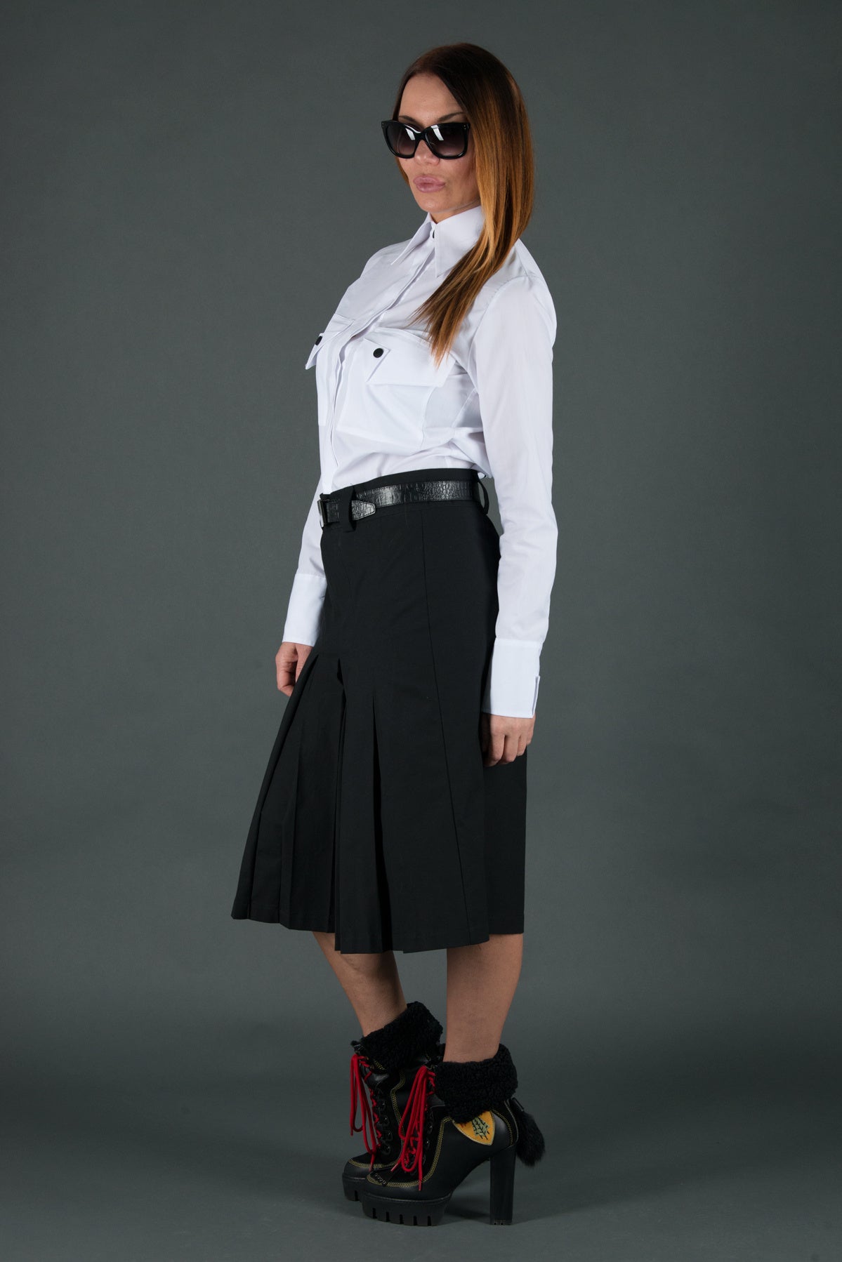Black wide-leg pants - below-knee length, deep front pleats, dense cotton, Colo | EUG Fashion #black⠋