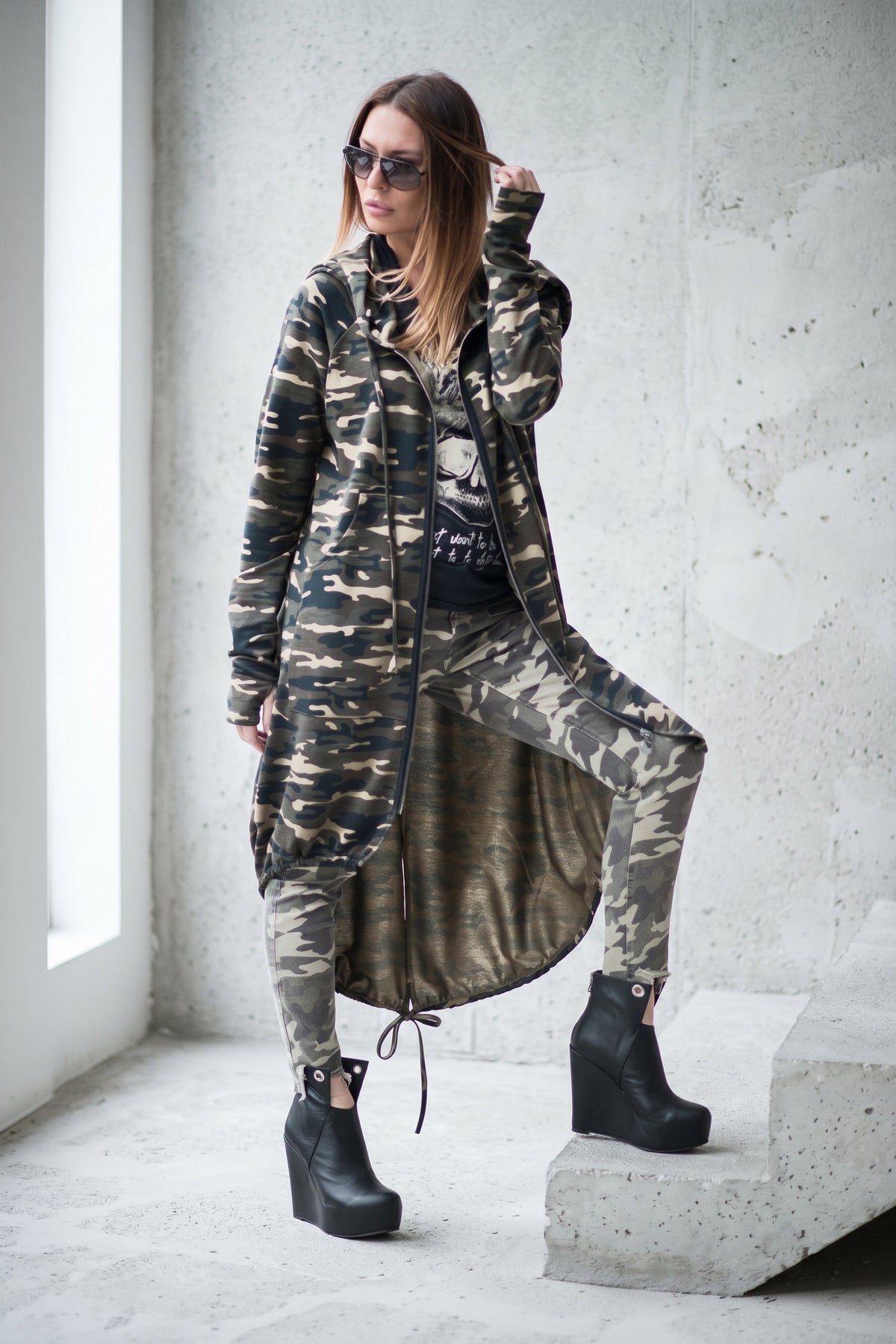 Military green camouflage hooded cotton vest with front zipper and asymmetric design - drawstring balloon hem, thumb-hole sleeves, Lily | EUG Fashion #military-green

