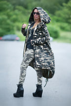 Military green camouflage hooded cotton vest with front zipper and asymmetric design - drawstring balloon hem, thumb-hole sleeves, Lily | EUG Fashion #military-green
