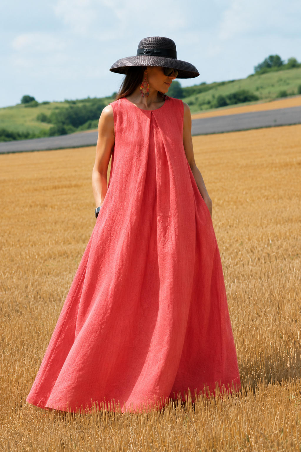Linen sleeveless dress #coral