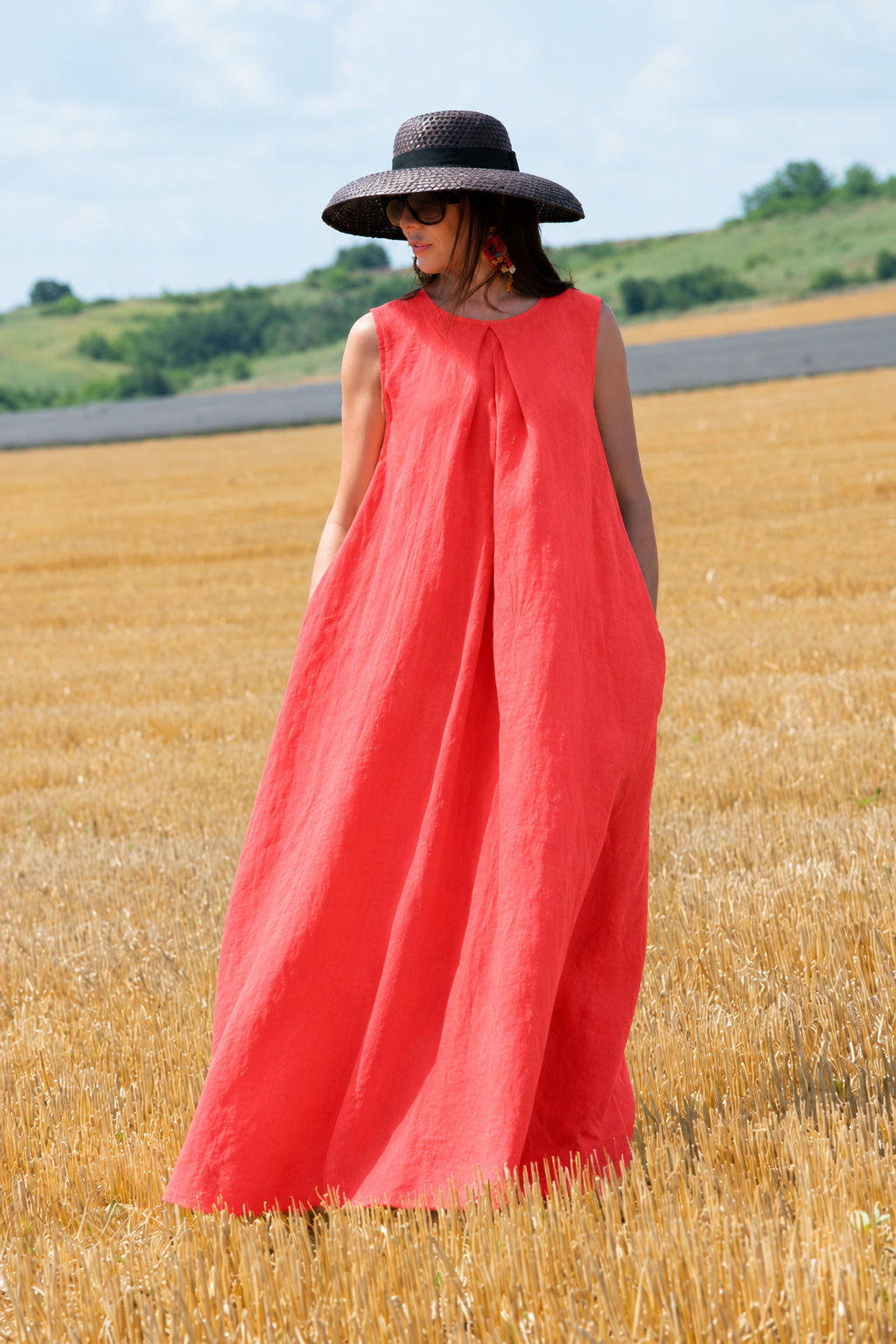 Linen sleeveless dress #coral