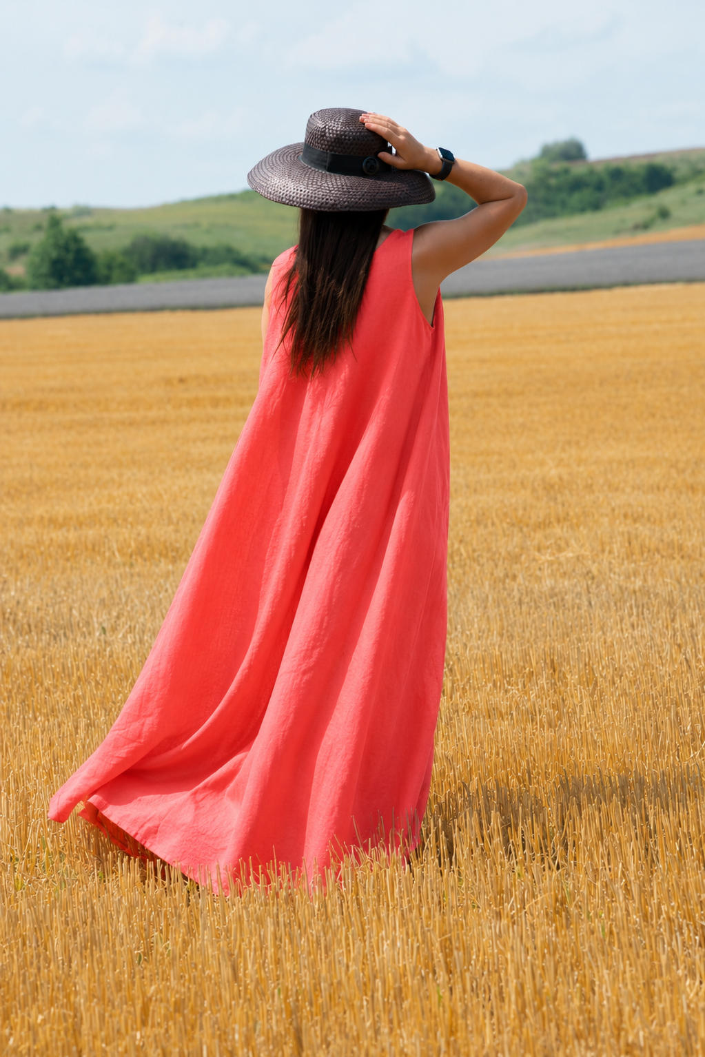 Linen sleeveless dress #coral