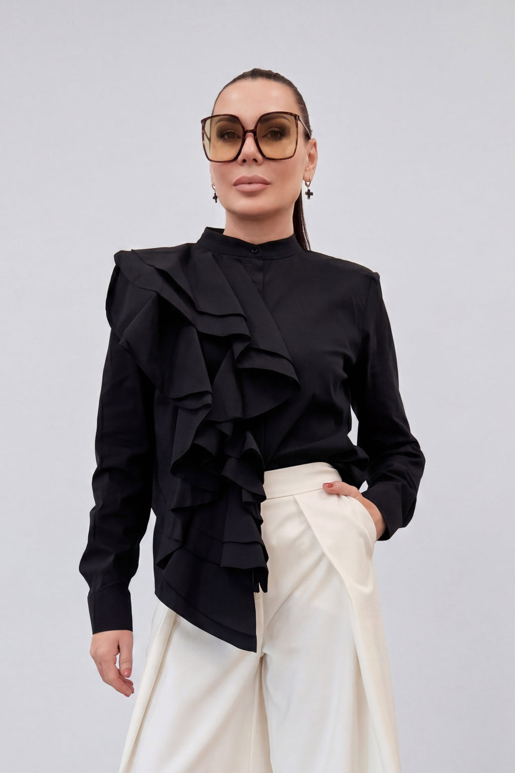 Black ruffle trim cotton shirt with high button-up closure and long cuffed sleeves, Ivana | EUG Fashion #black