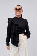 Black ruffle trim cotton shirt with high button-up closure and long cuffed sleeves, Ivana | EUG Fashion #black