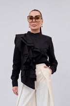 Black ruffle trim cotton shirt with high button-up closure and long cuffed sleeves, Ivana | EUG Fashion #black