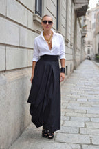 Black balloon cotton skirt Fantasy with high waist and decorative tie - EUG Fashion #black
