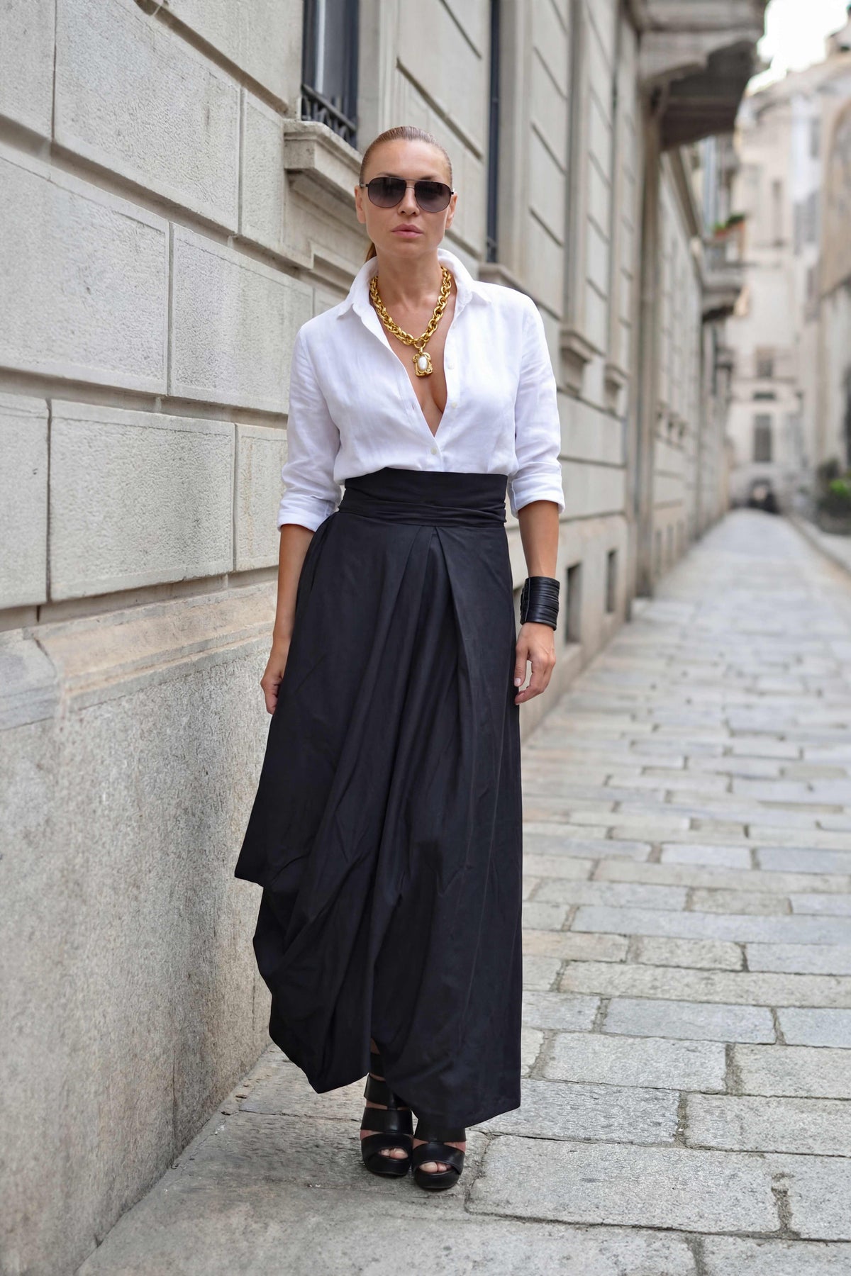 Black balloon cotton skirt Fantasy with high waist and decorative tie - EUG Fashion #black
