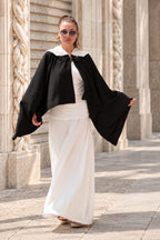 Black short cotton viscose poncho with white hood and very wide sleeves - lightweight cape, Anastasia | EUG Fashion #black

