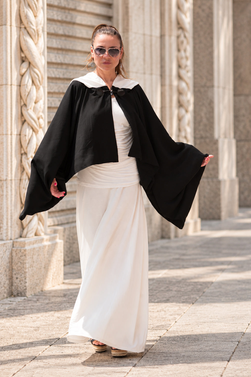 Black short cotton viscose poncho with white hood and very wide sleeves - lightweight cape, Anastasia | EUG Fashion #black
