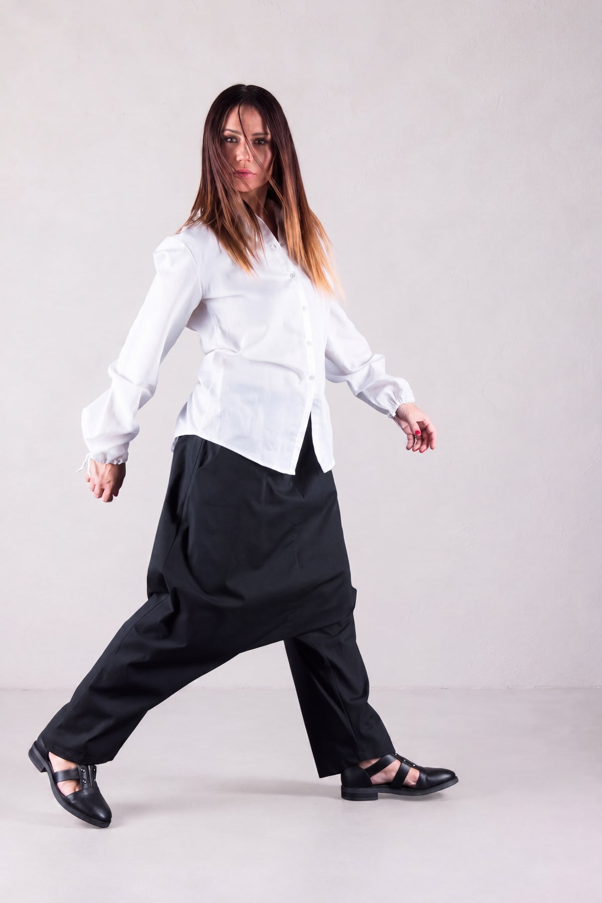 Black cotton drop-crotch pants Kony — EUG Fashion
