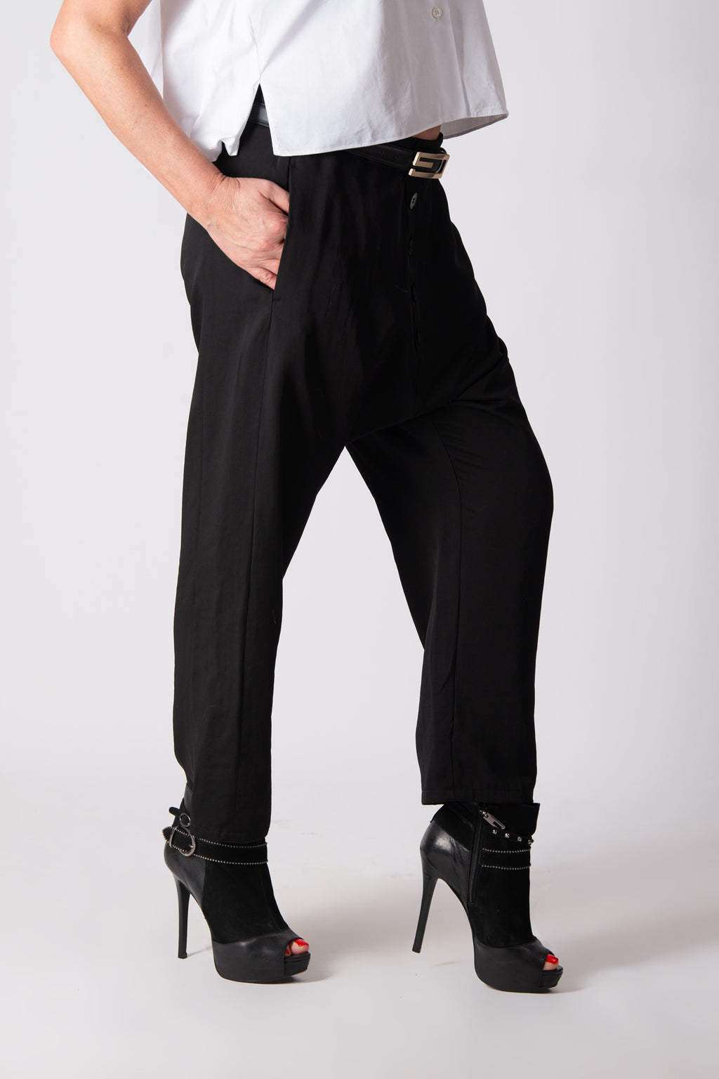 Black cotton satin drop-crotch pants Mauren — EUG Fashion
