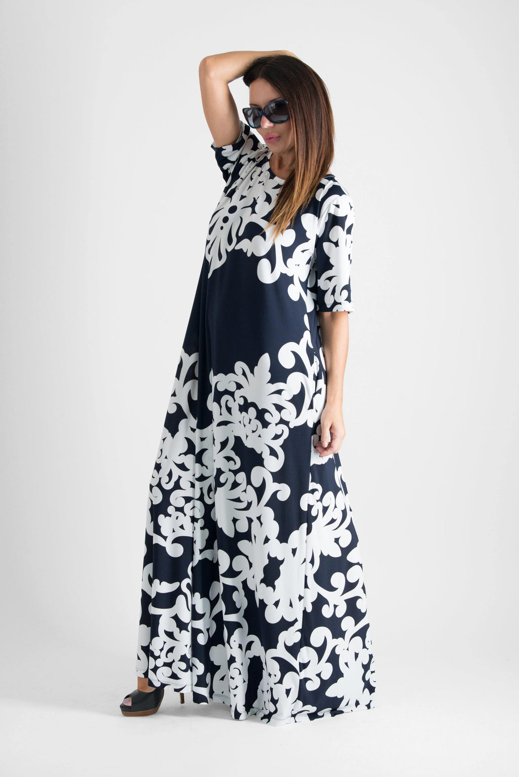 white blue floral a line jersey dress